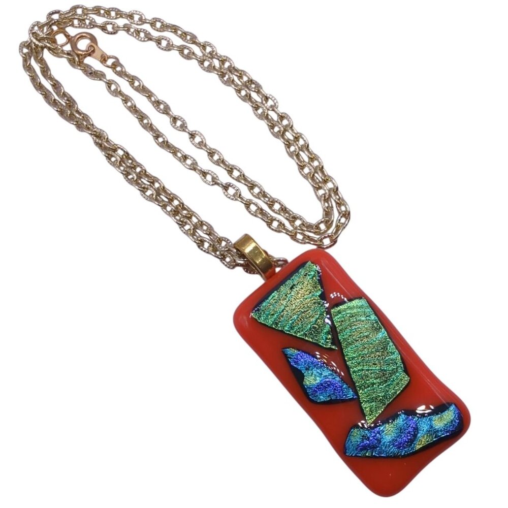 Handmade Dichroic Glass Pendant Necklace w Gold Chain Orange & Iridescent Green